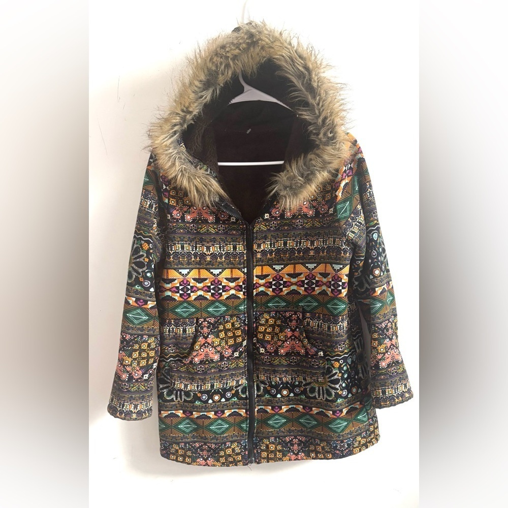 Old School Women Boho Tribal Print Jacket L Hooded Fleece Lined Faux Fur Zip Up